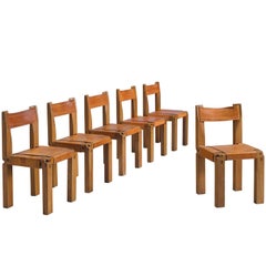 Pierre Chapo Set of Six Dining Chairs in Solid Elm and Cognac Leather