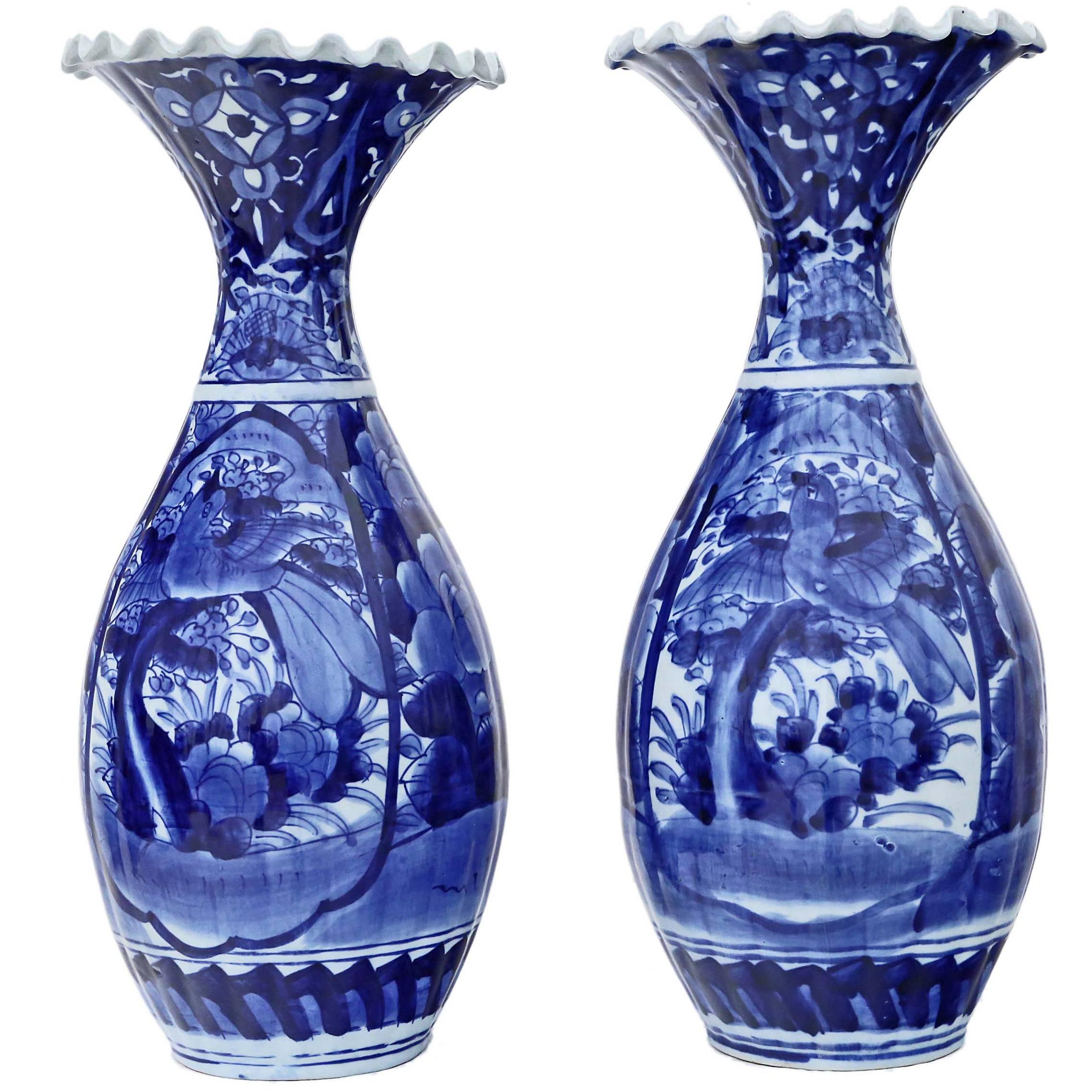 Antique Large Pair of Japanese Meiji circa 1910 Blue and White Vases For Sale