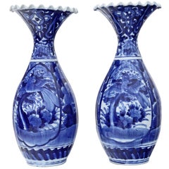 Antique Large Pair of Japanese Meiji circa 1910 Blue and White Vases