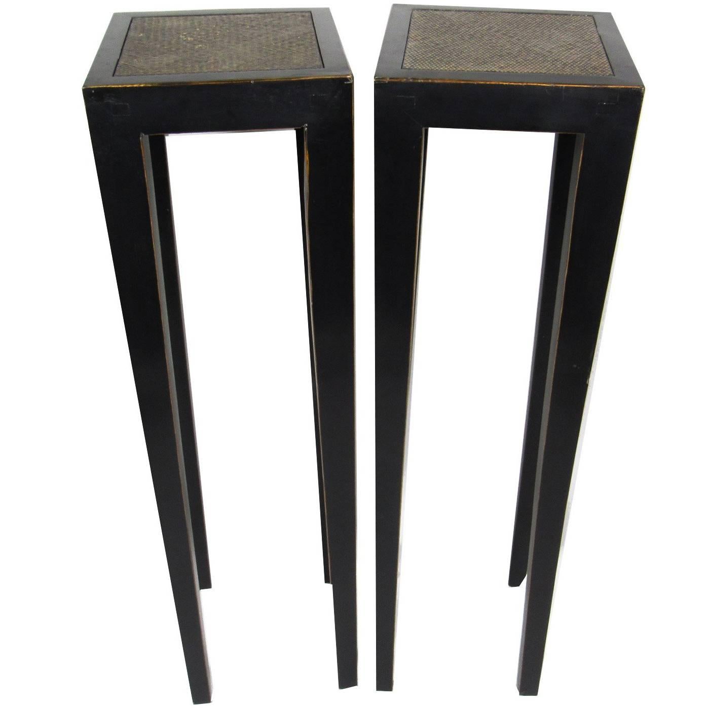 Pair of Vintage Chinese Black Lacquer Cane Topped Pedestals