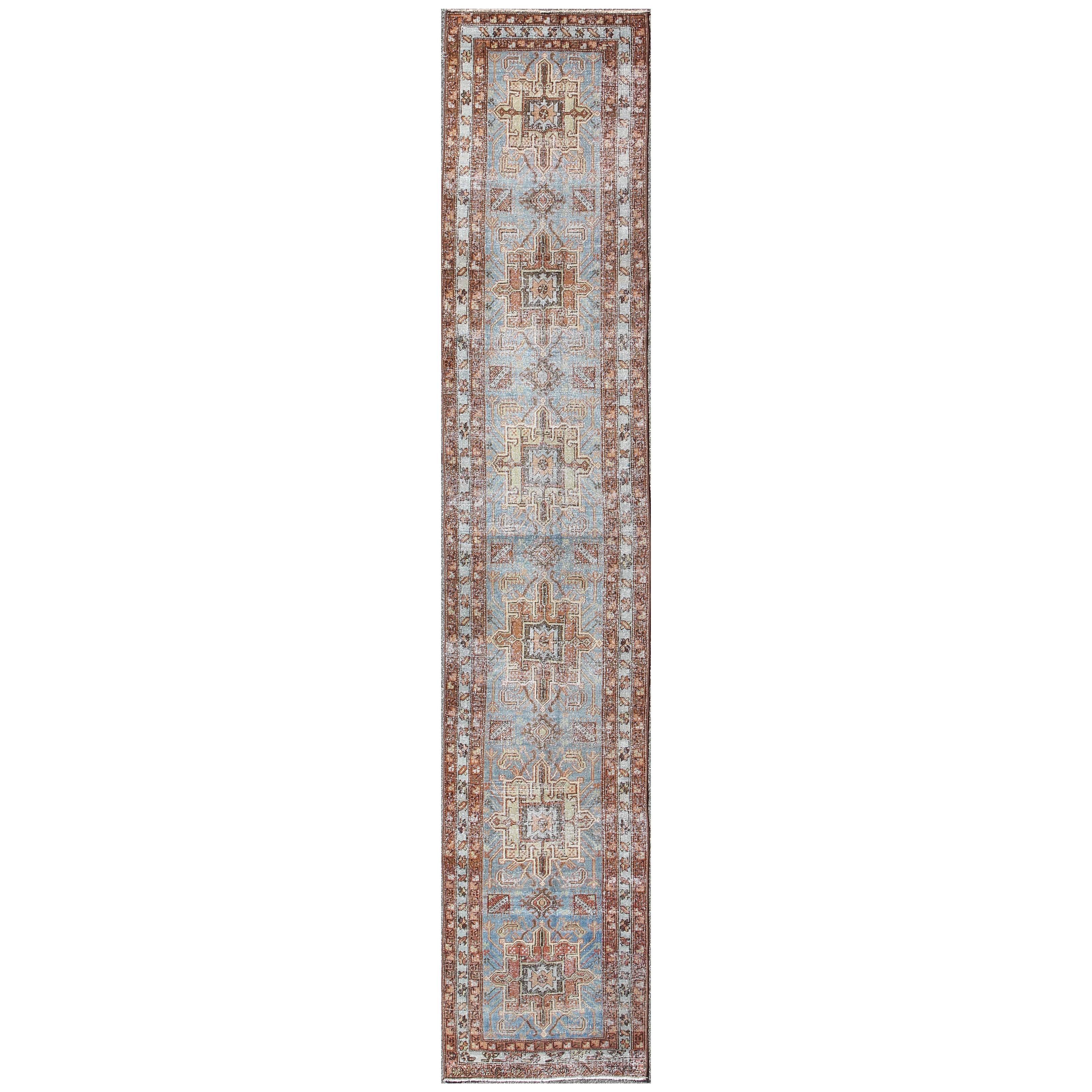 Tribal Medallion Design Heriz Persian Antique Runner in Light Blue and Maroon For Sale