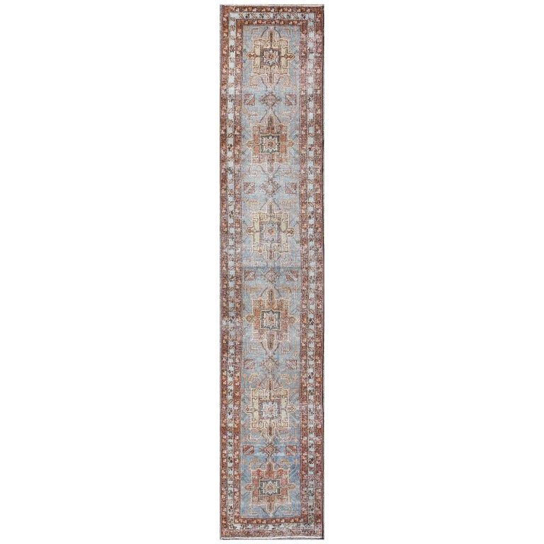Tribal Medallion Design Heriz Persian Antique Runner in Light Blue and