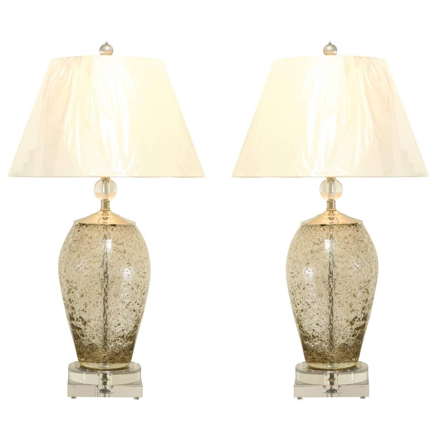 Gorgeous Pair of Italian Blown Glass Lamps with Lucite and Brass Accents