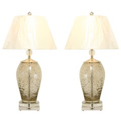 Gorgeous Pair of Italian Blown Glass Lamps with Lucite and Brass Accents