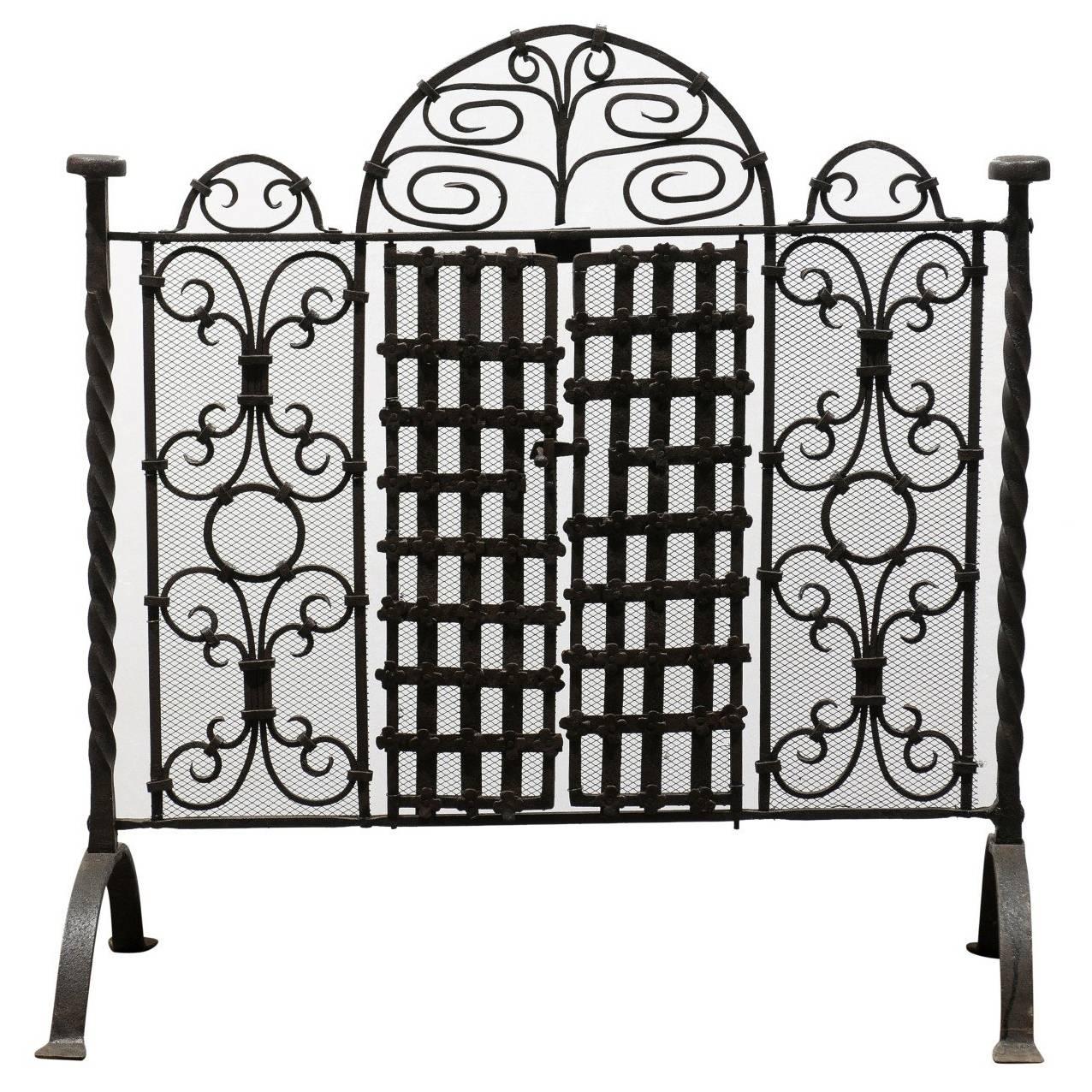 French 19th Century Wrought-Iron Firescreen with Operational Doors and Arch