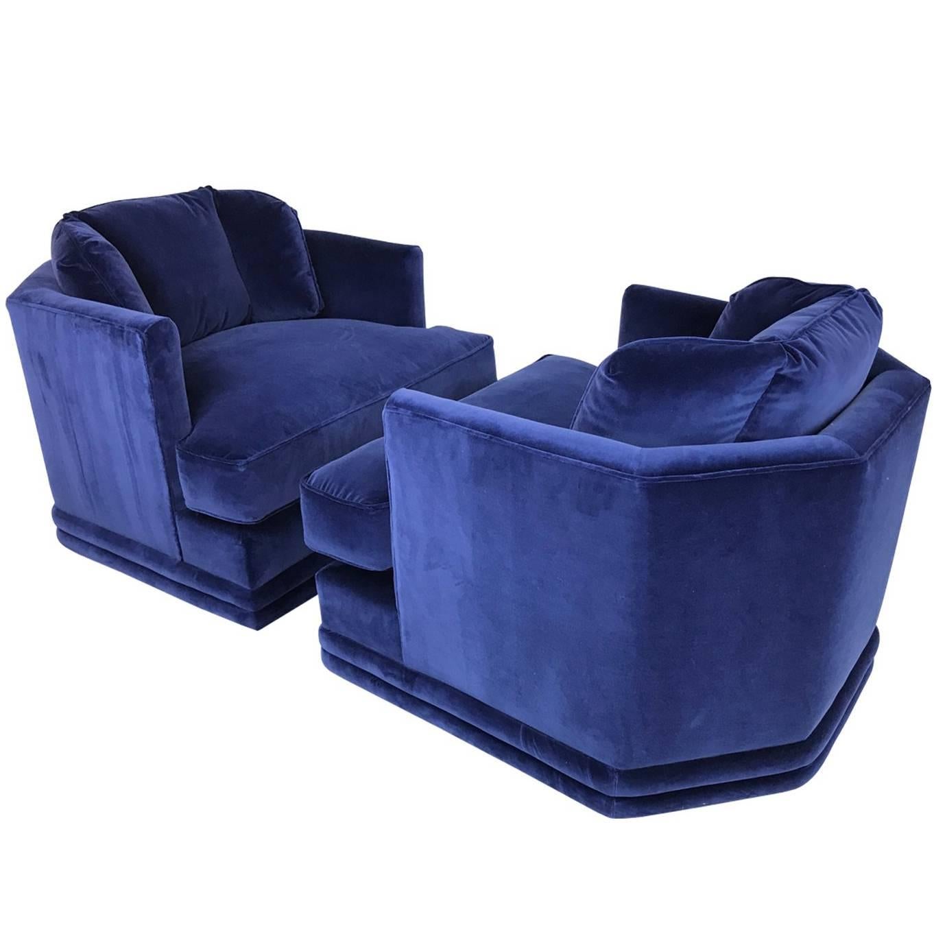 Pair of Blue Velvet Hex Back Swivel Chairs in the Style of Milo Baughman