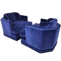 Pair of Blue Velvet Hex Back Swivel Chairs in the Style of Milo Baughman