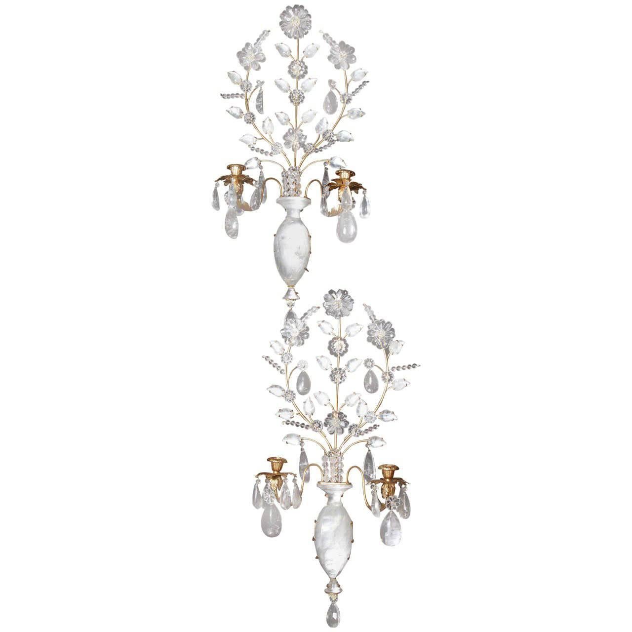 Pair of French Louis XVI Style Gilt Bronze and Cut Rock Crystal Sconces