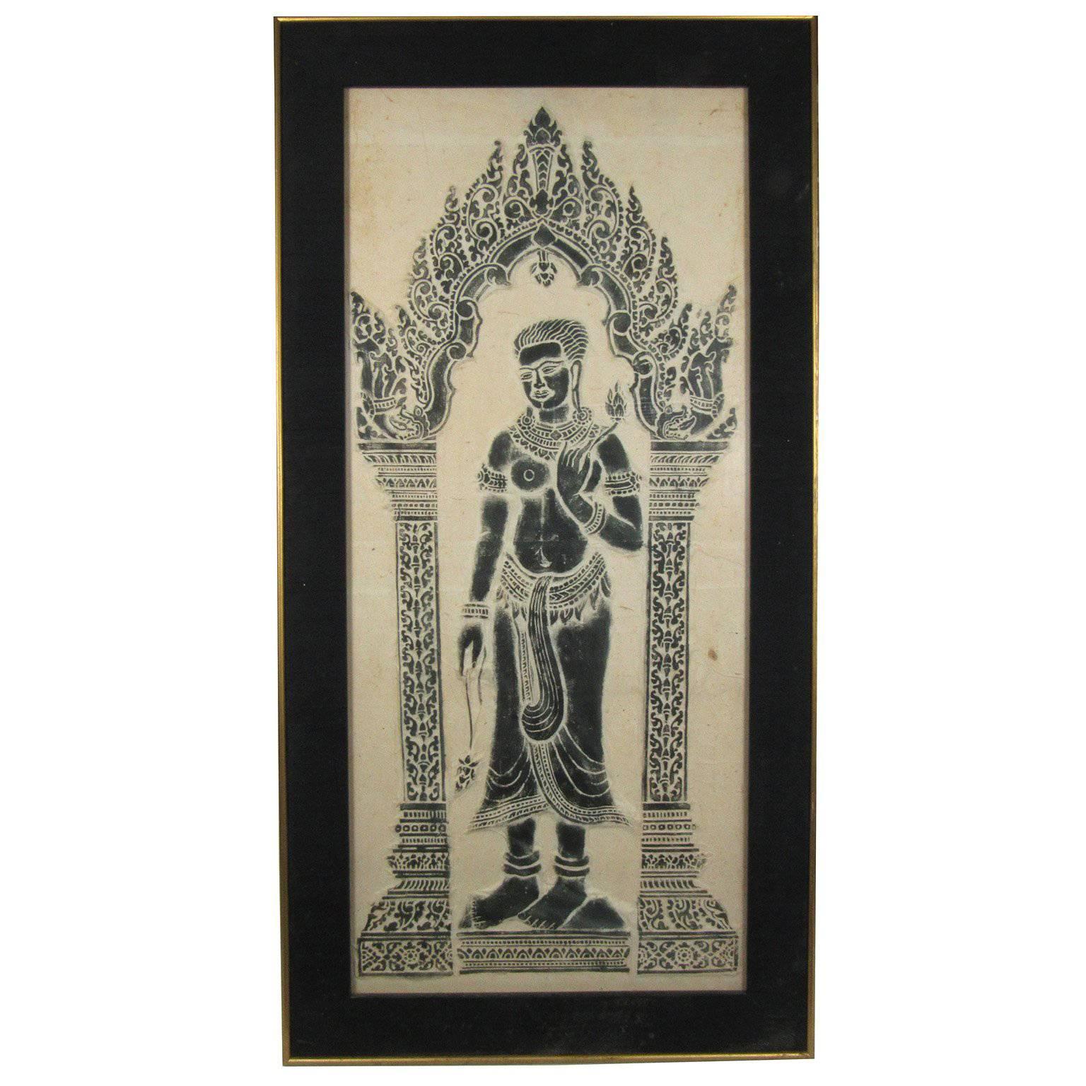 Large Thai Temple Rubbing on Handmade Paper of Woman Standing in Archway