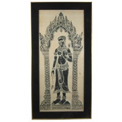 Retro Large Thai Temple Rubbing on Handmade Paper of Woman Standing in Archway