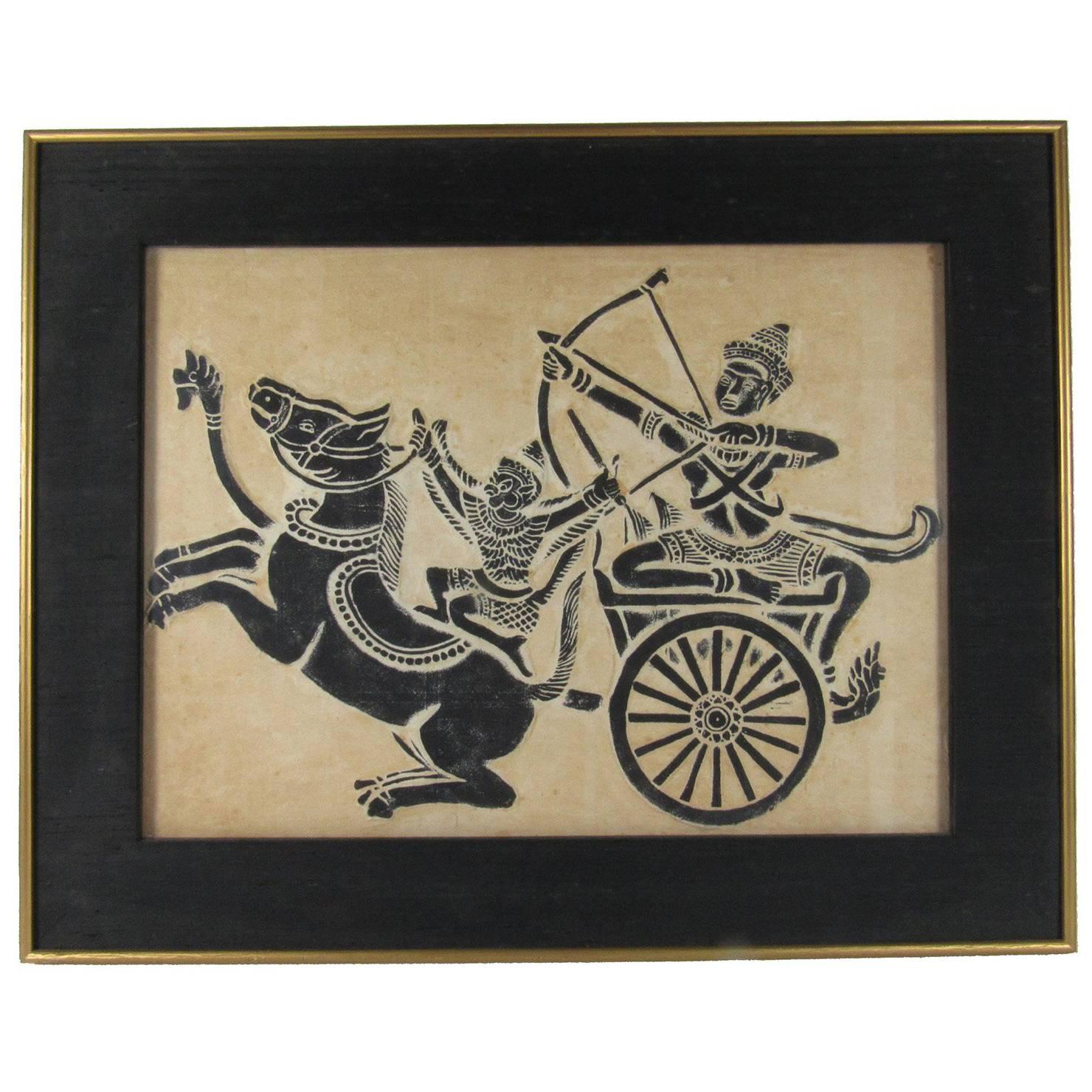 Thai Temple Rubbing on Handmade Paper Depicting Warriors in a Chariot
