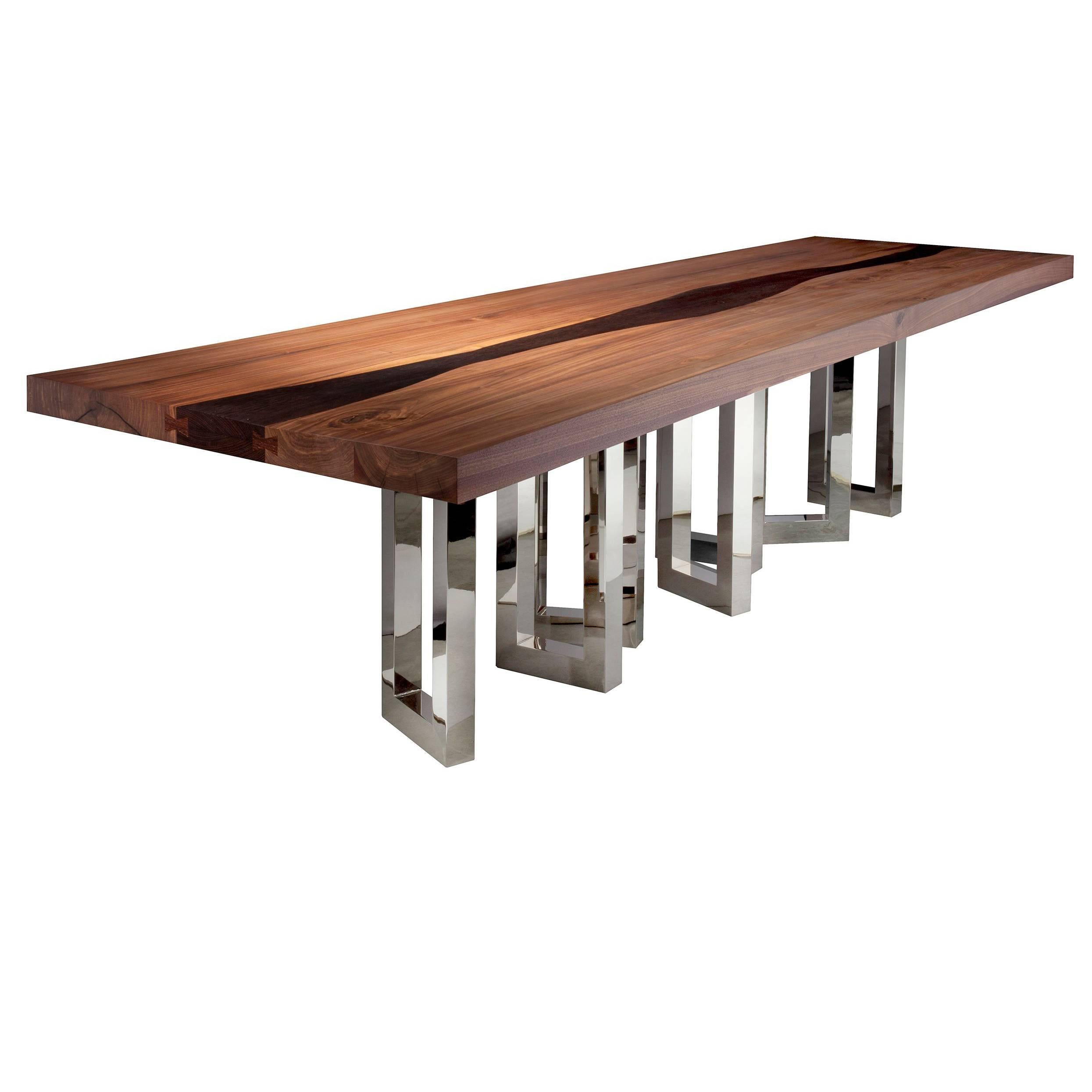 "Il Pezzo 6 Long Table" modern river table in walnut and wenge with nickel legs