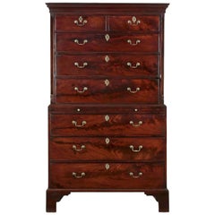 Antique English George III Flame Mahogany Tall Chest on Chest of Drawers, circa 1780