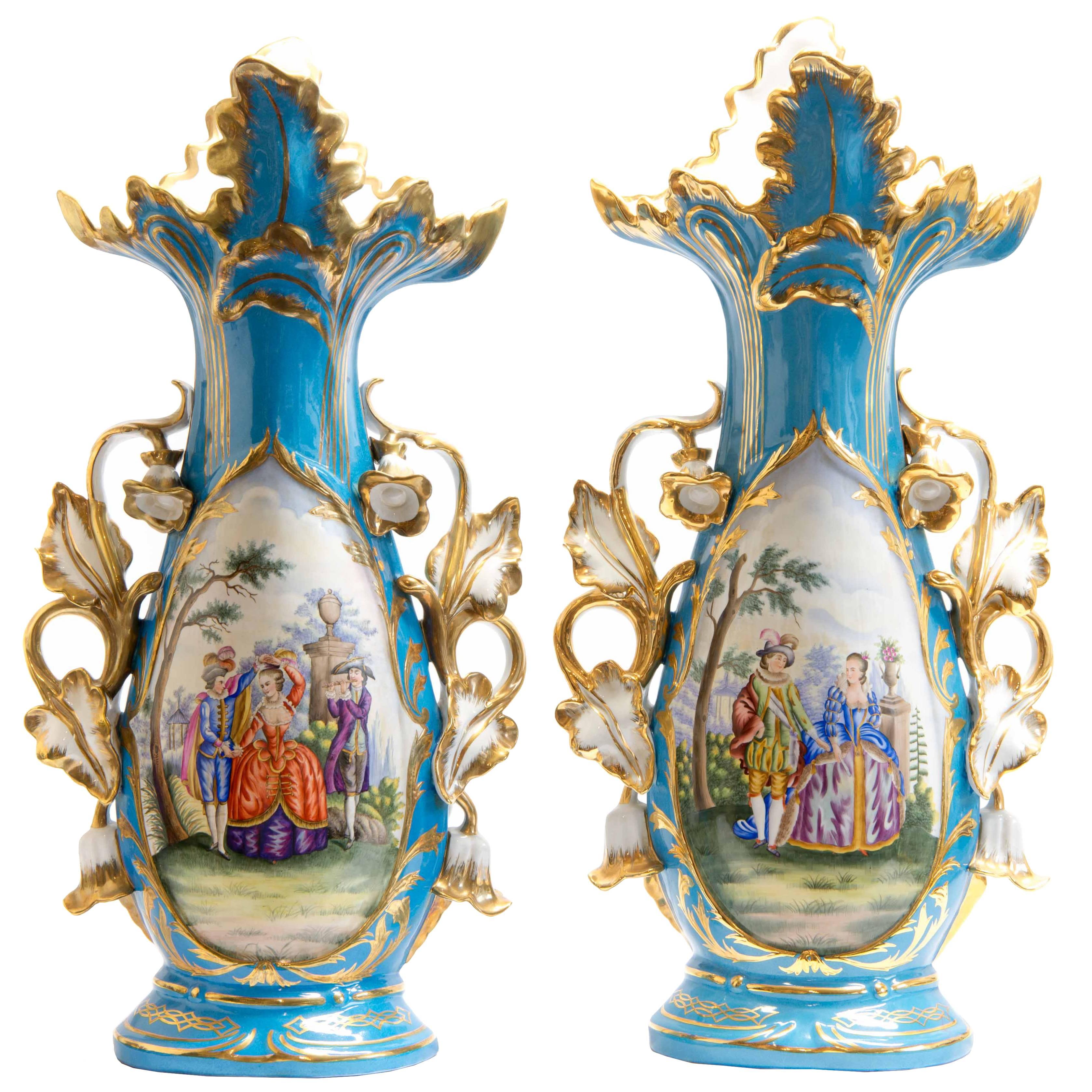 Large Pair of 20th Century Meissen Vases with Polychrome Decor, Germany For Sale