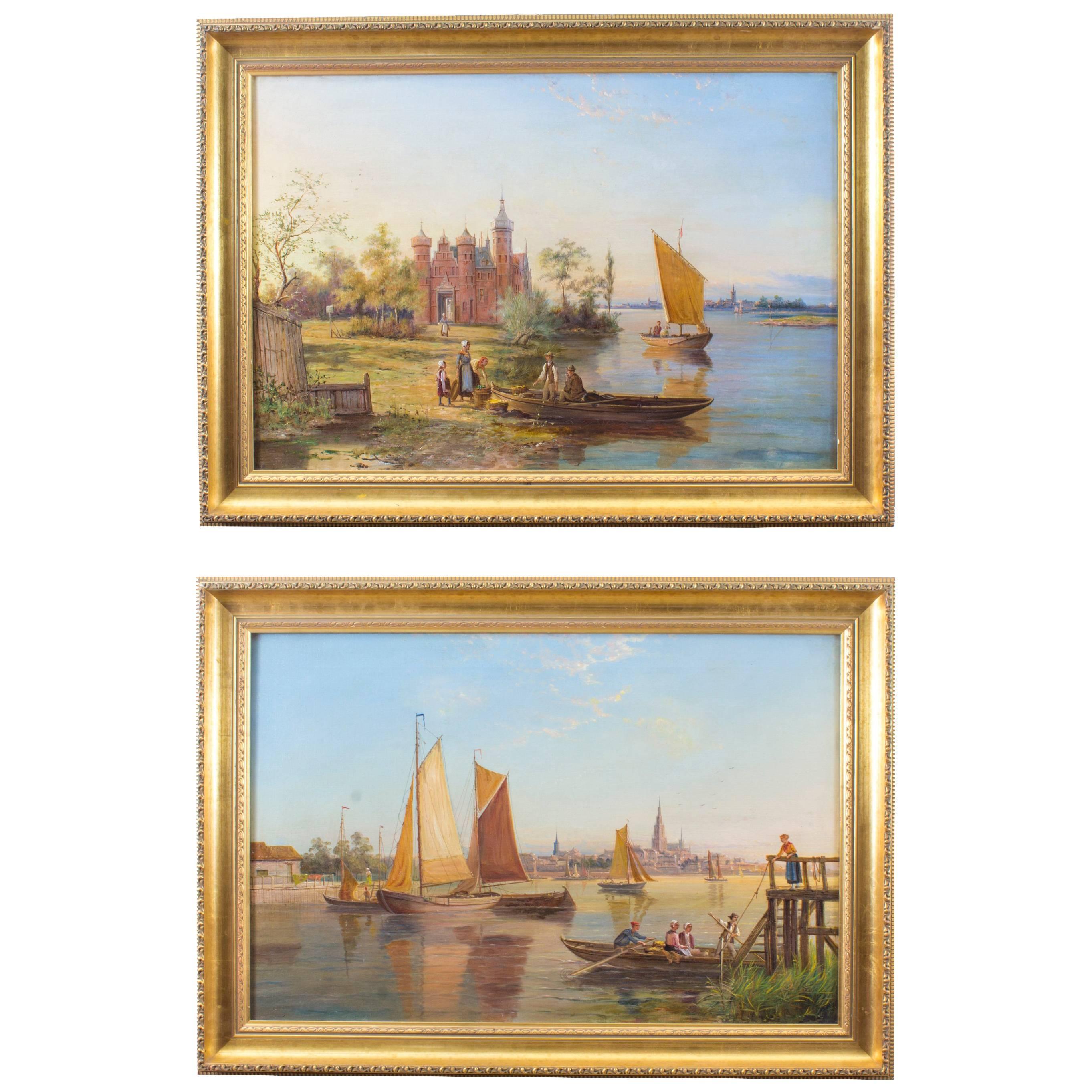 Antique Pair of Waterscape Oil Paintings by William Dommersen, circa 1880