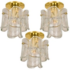 Set of Three Glass and Brass Flush Mounts by J.T. Kalmar, 1960