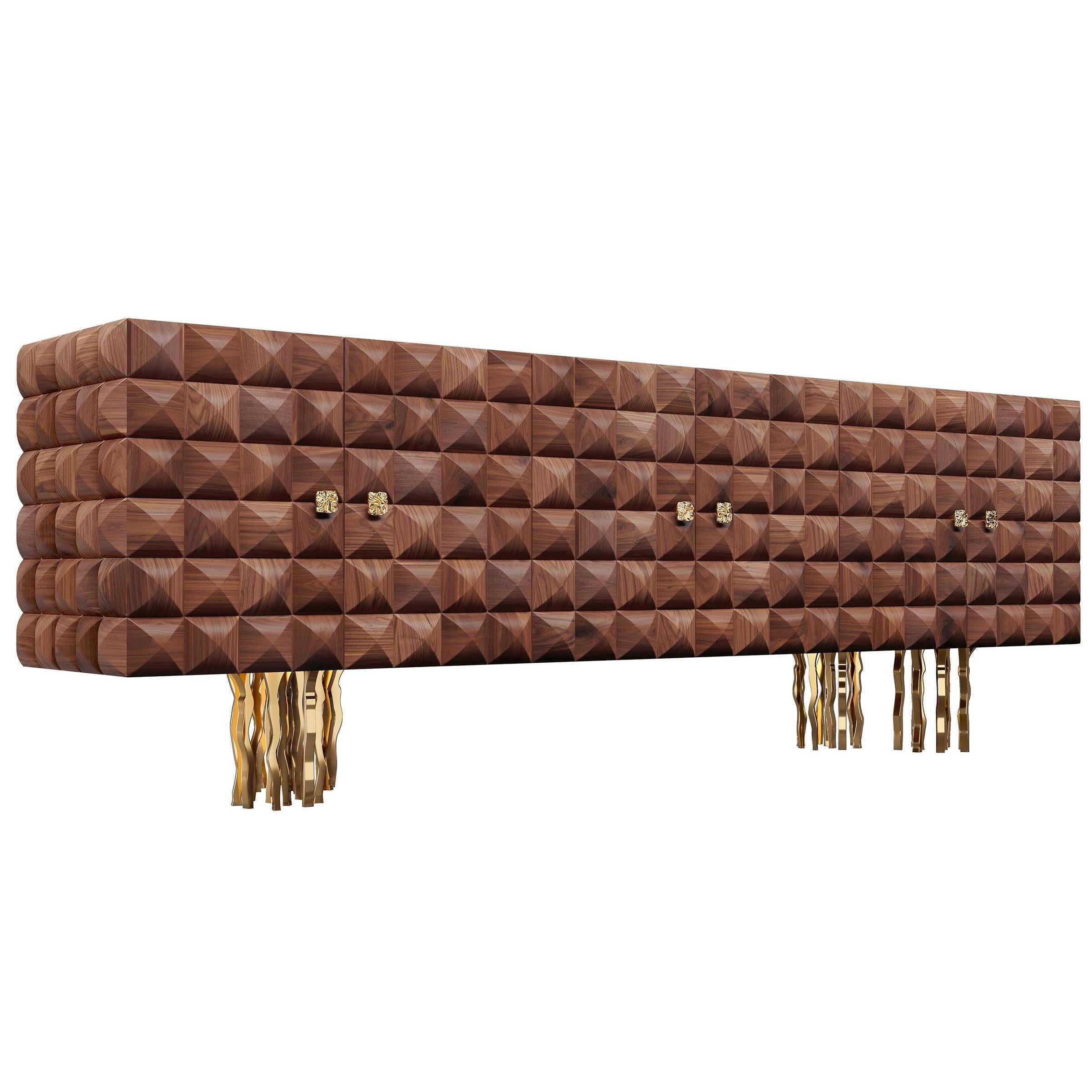 "Il Pezzo 10 Credenza" sideboard in solid walnut - polished brass casting base For Sale