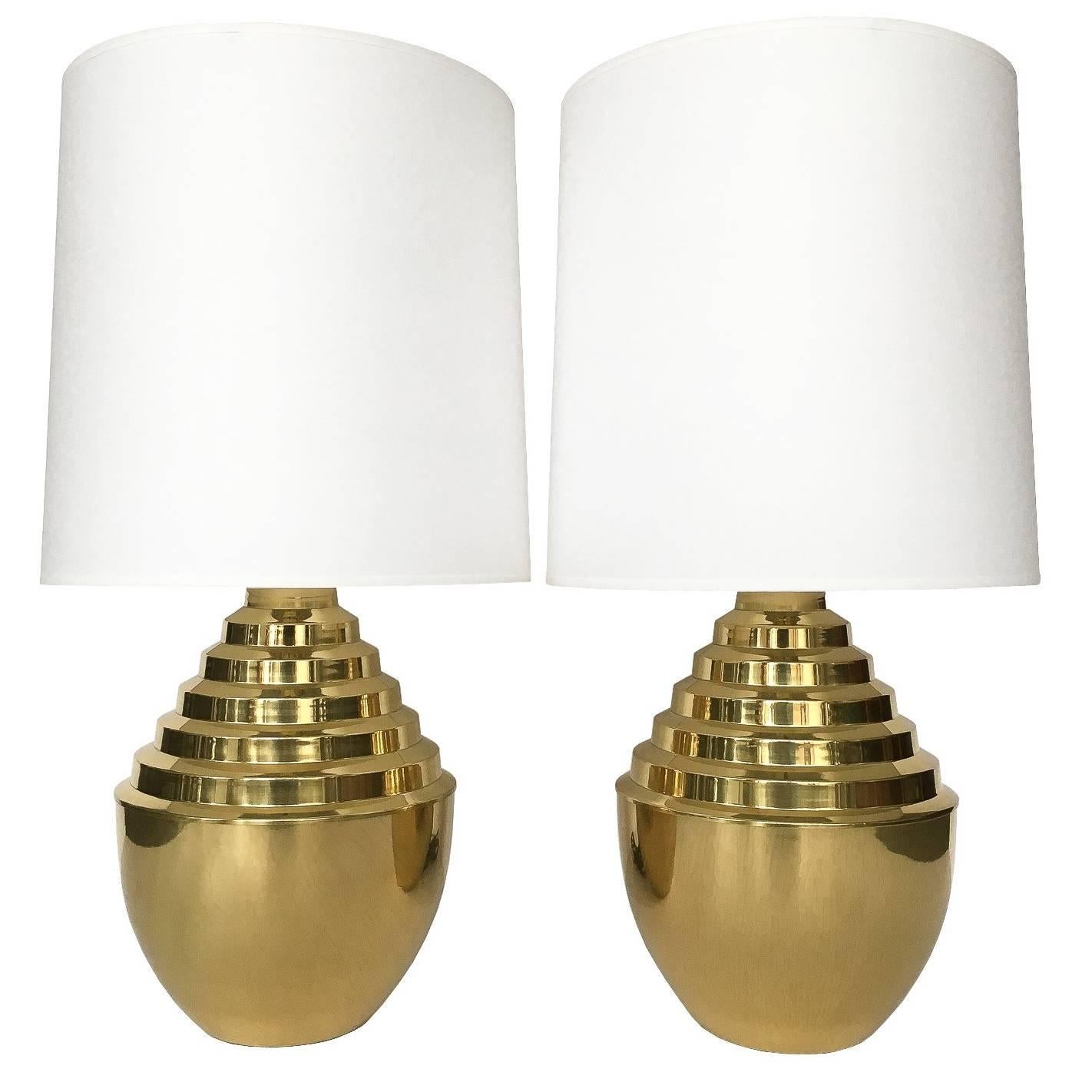 Pair of Brass Stepped Modern Urn-Form Table Lamps