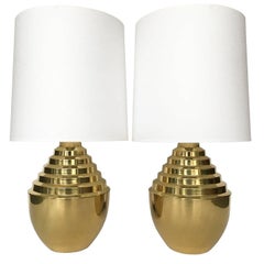 Pair of Brass Stepped Modern Urn-Form Table Lamps
