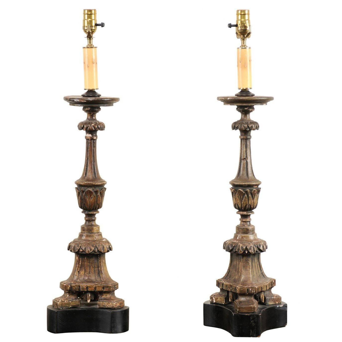 Pair of 19th Century Italian Carved Wood Altar Sticks Made into Tall Table Lamps
