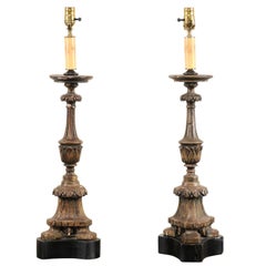 Antique Pair of 19th Century Italian Carved Wood Altar Sticks Made into Tall Table Lamps