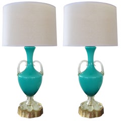 Good Pair of Italian Murano Teal Cased-Glass Double-Handled Urn-Form Lamps