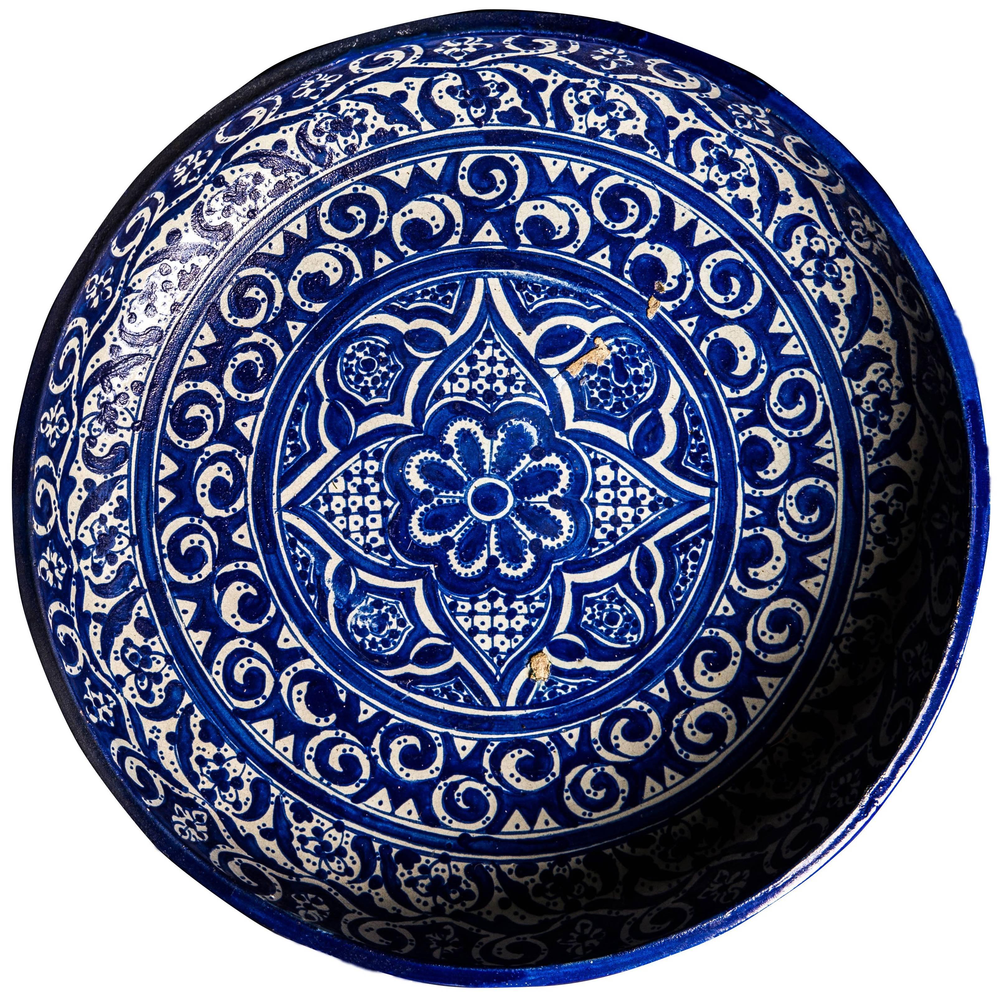 Cobalt Blue Geometric Design Earthenware Bowl, Fez Pottery, circa 1890