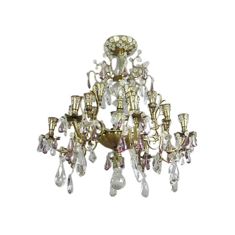 Lampadario francese a 24 bracci in ottone e cristallo tagliato di Maison Baguès per Maison Jansen