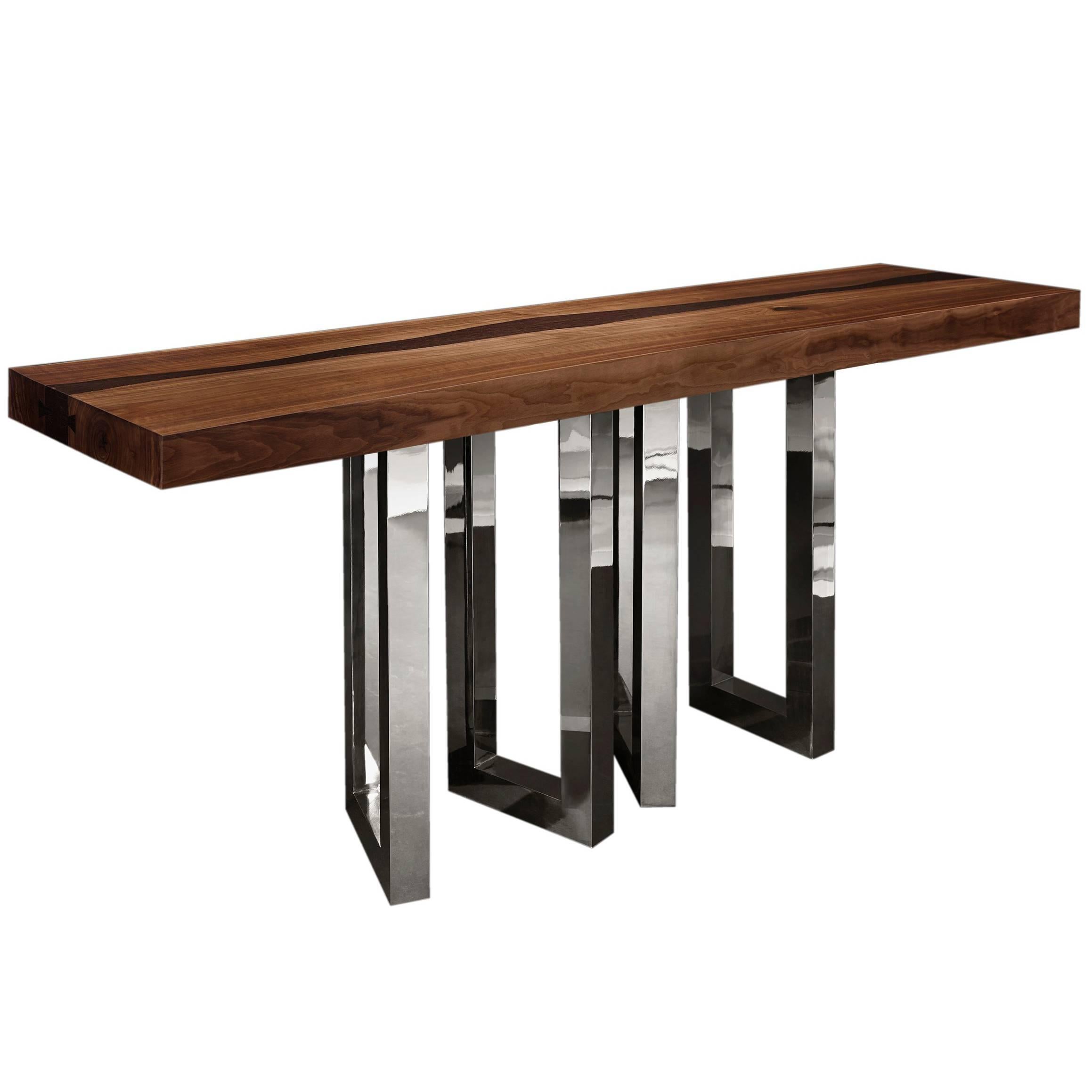 Table console "Il Pezzo 6 Console" en noyer massif et plateau wengé - base en nickel