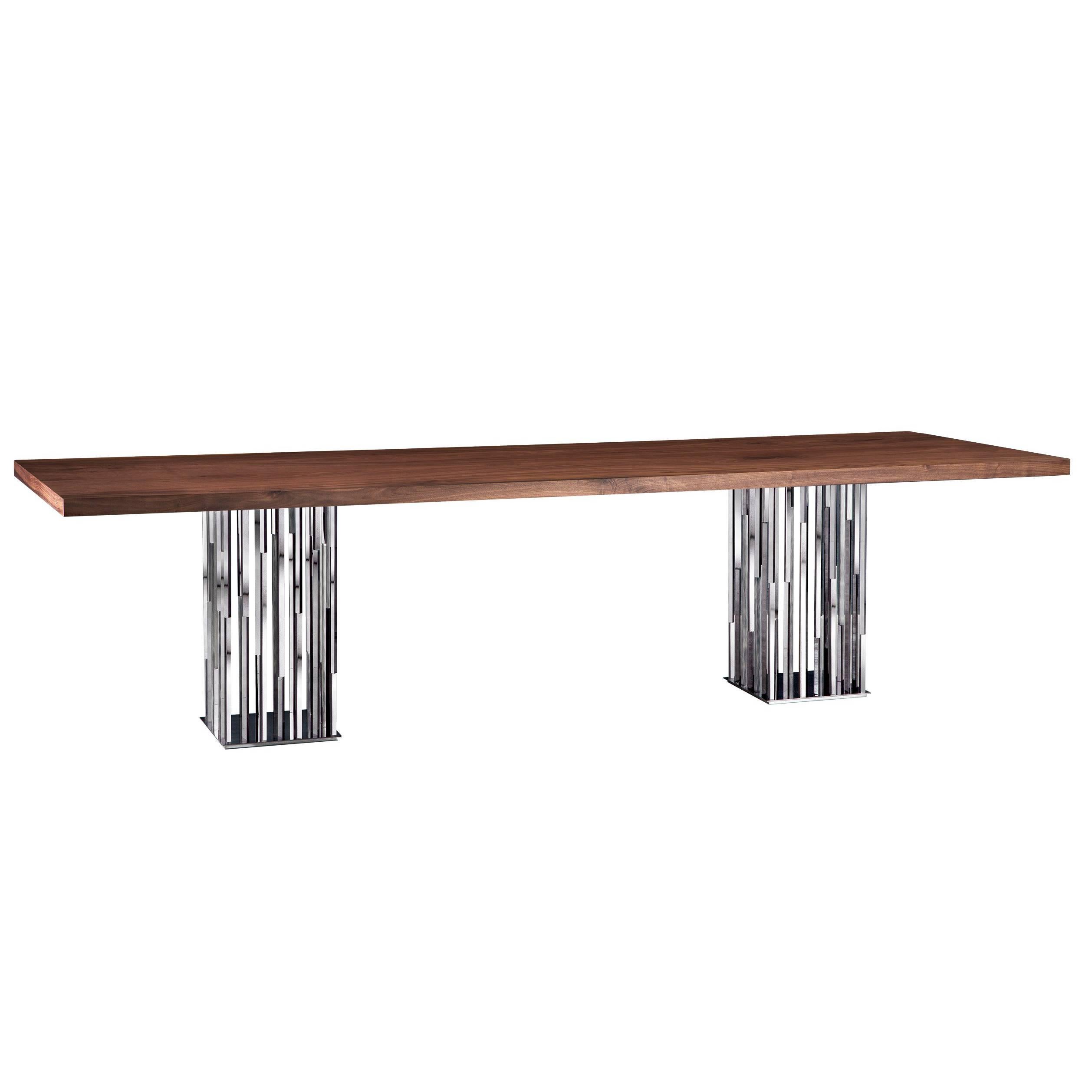 "Il Pezzo 9 Table" contemporary design solid walnut table with nickel base