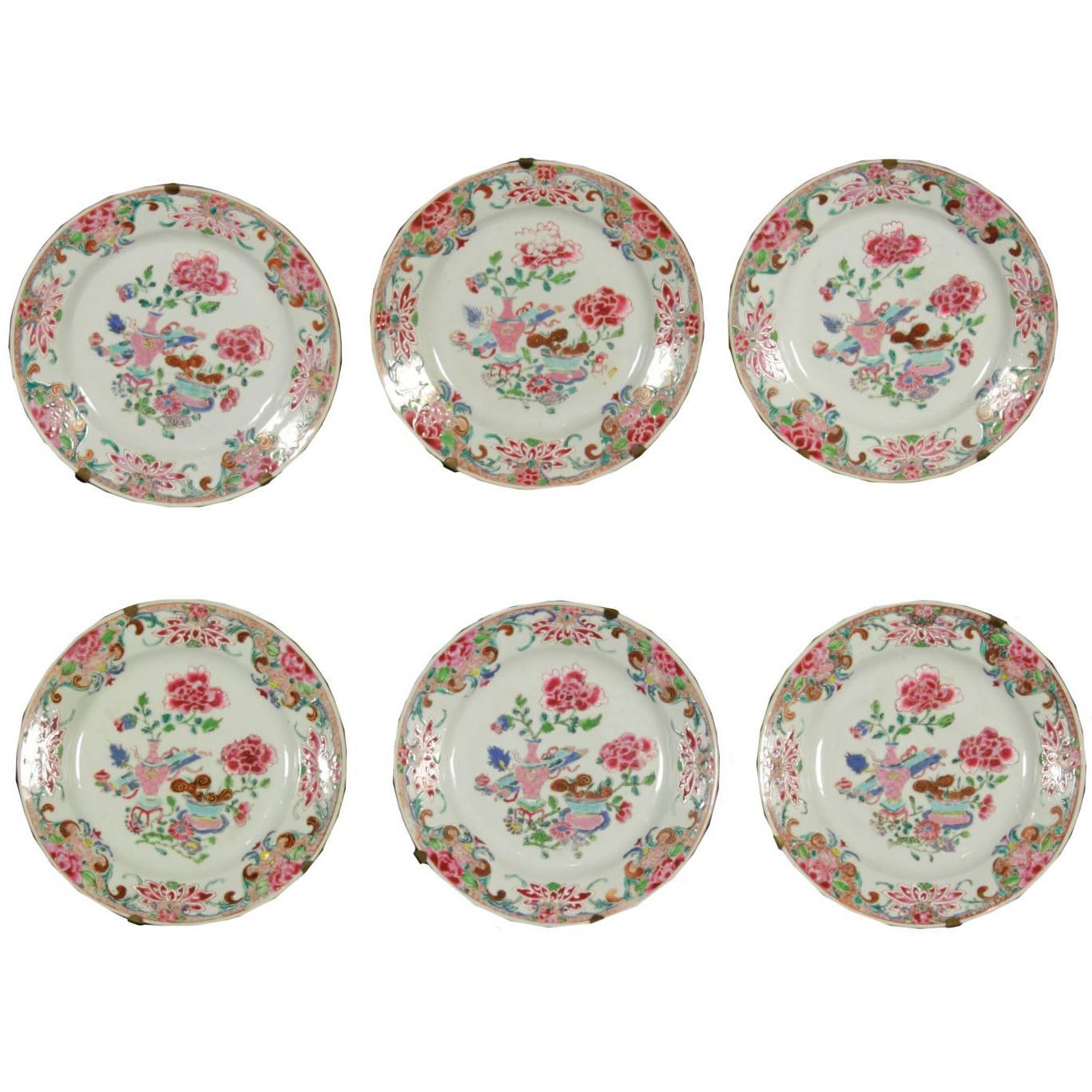 Group of Six Famille Rose Chinese Porcelain Plates China Yongzheng, 1700