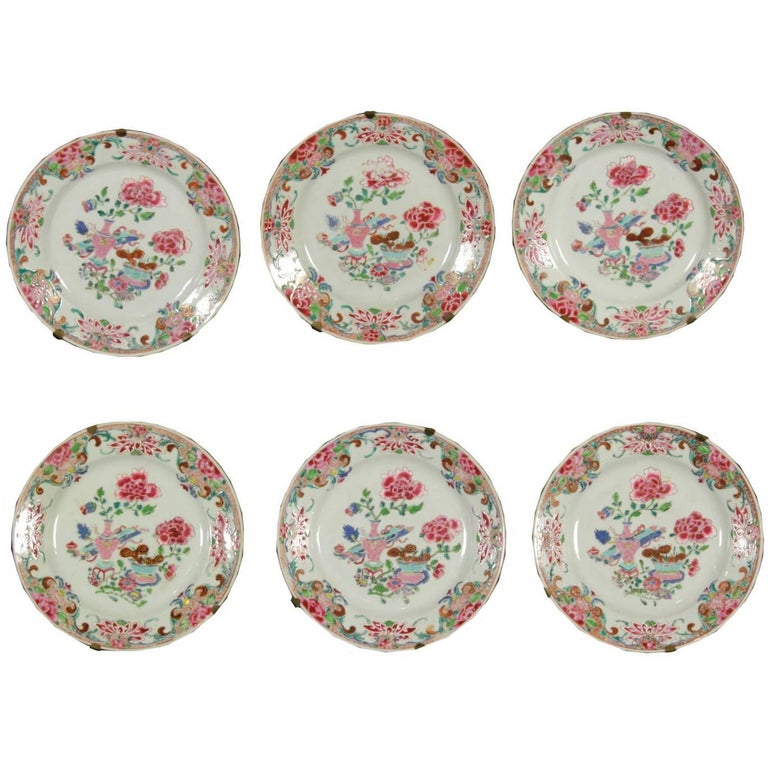 Group of Six Famille Rose Chinese Porcelain Plates China Yongzheng