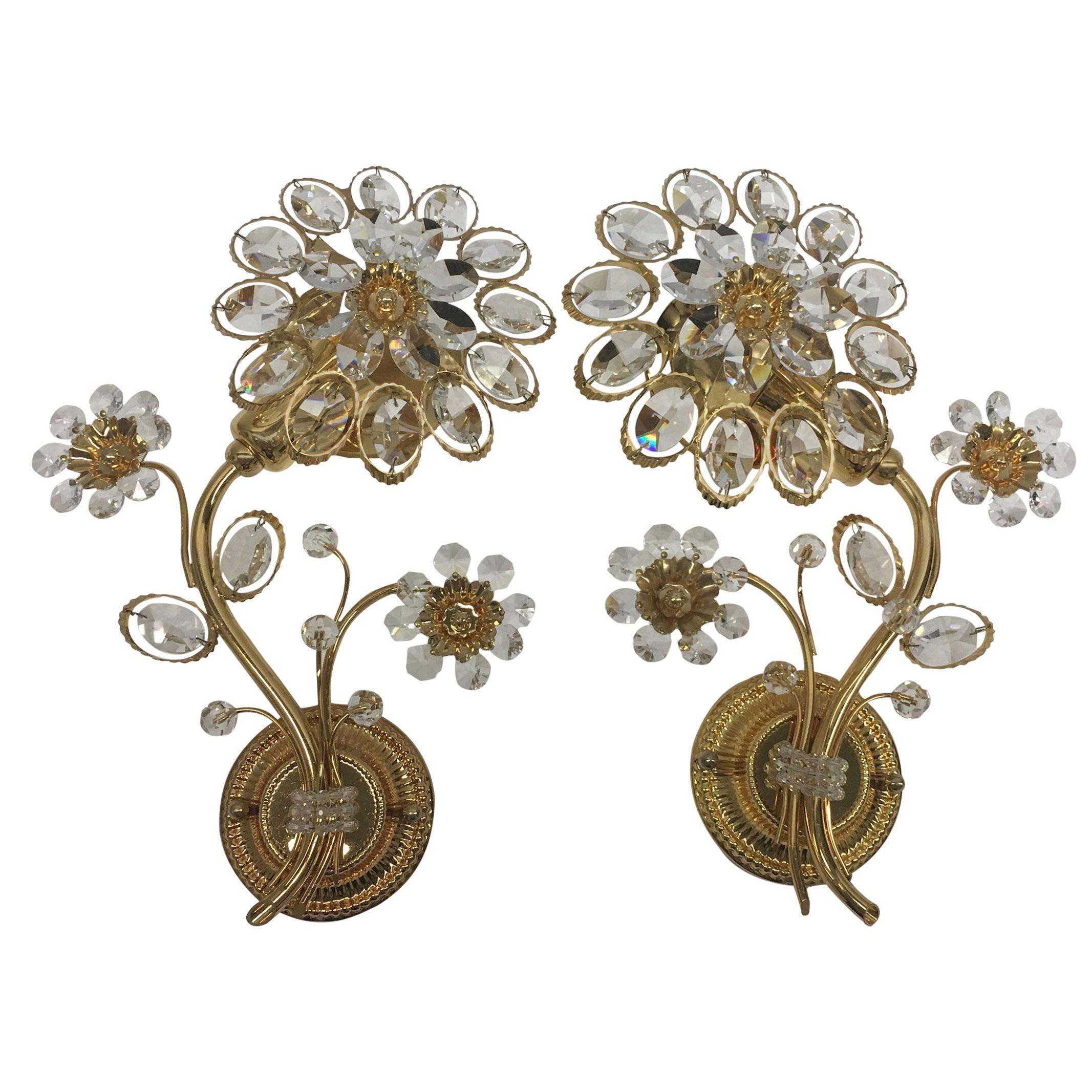 Pair of Vintage Gold-Plated "Palwa" Crystal Flower Sconces