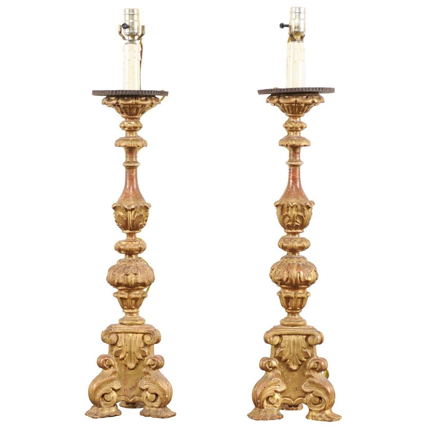 Pair of Italian Tall Giltwood Richly Carved Candlestick Table Lamps