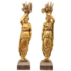 Pair of Gilt Italian "Allegories of Springs" Wood Statues from Mid-20th Century