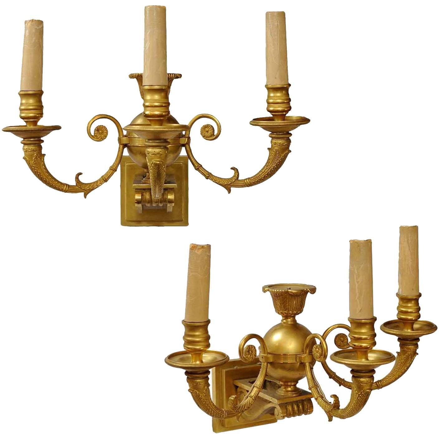 Pair of French Empire Style Gilt Bronze Electric Wall Lights, circa 1890 For Sale