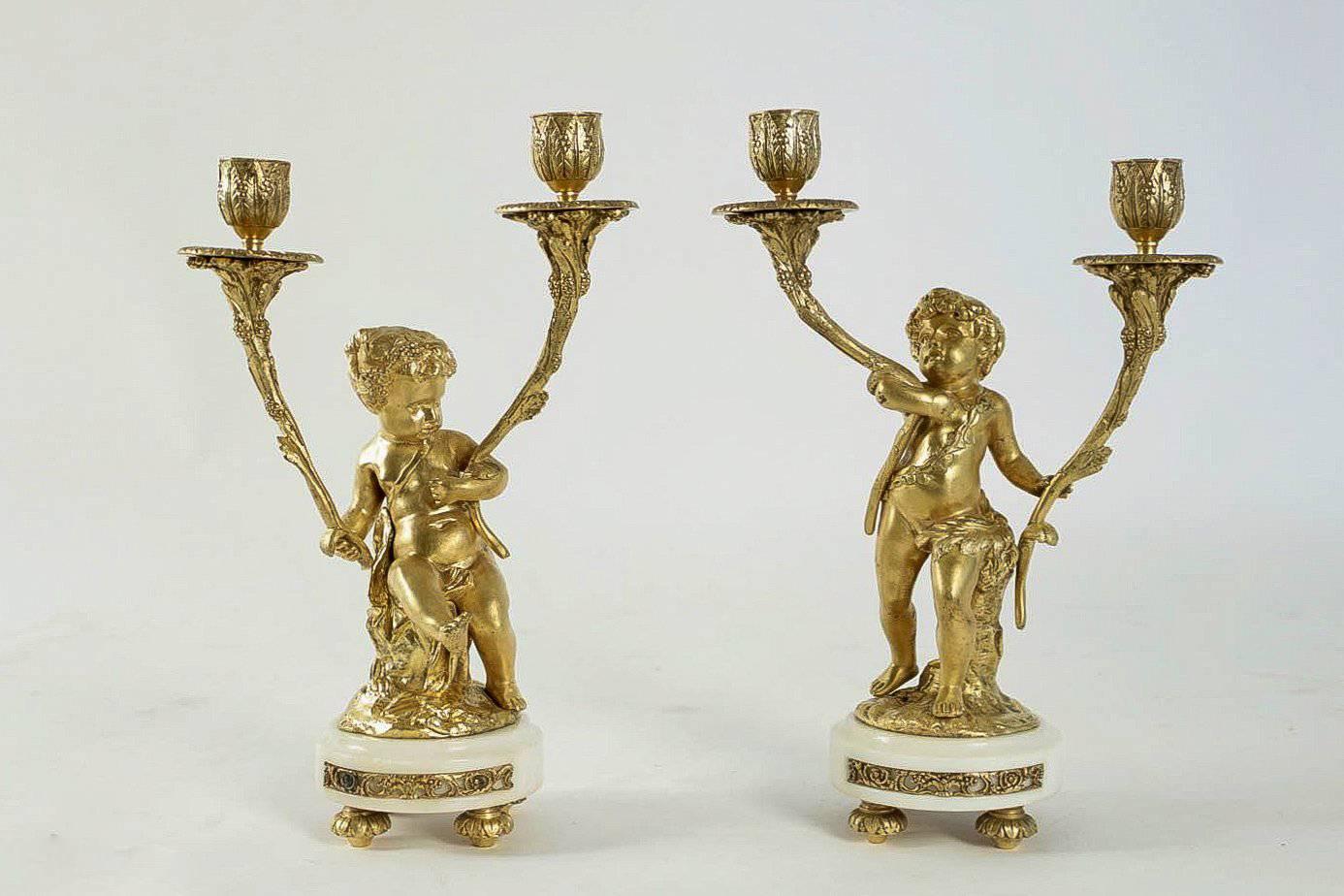 French Napoleon III Period Ormolu and Marble Pair of Putti Candelabra circa 1860 In Excellent Condition In Saint Ouen, FR