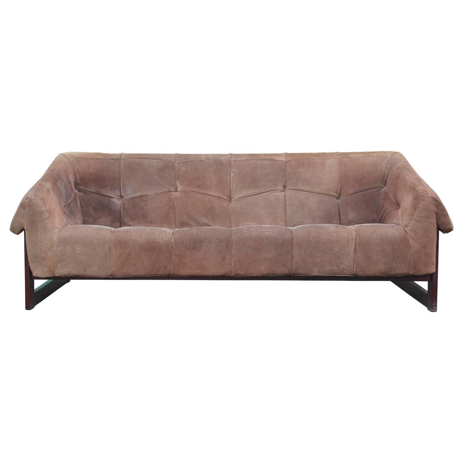 Modern Percival Lafer Brown Suede and Rosewood Lounge Sofa w/ Leather Strapping