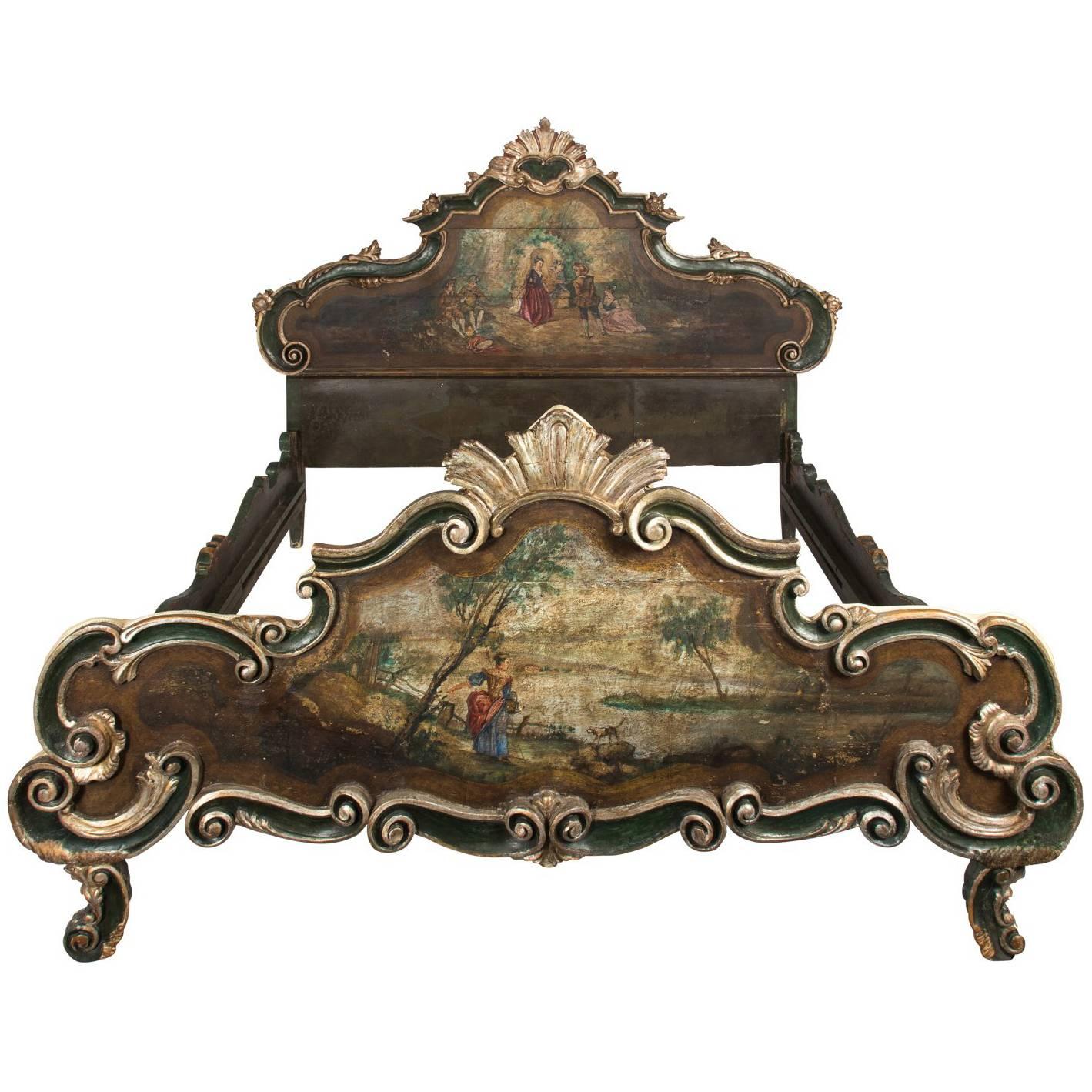 19th Century Venetian Carved and Hand-Painted Bed