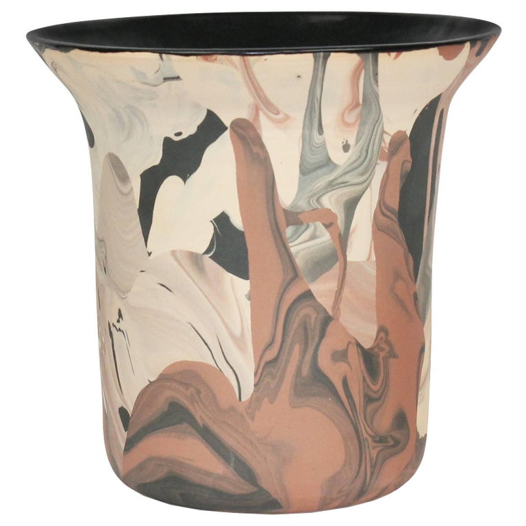 Contemporary Handmade Marbled Ceramic Vase in Peach, Black and Brown For Sale