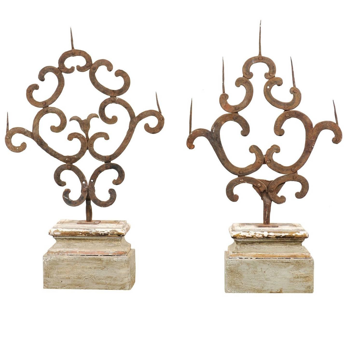 Pair of 18th Century Italian Hand-Forged Iron Prickets Mounted on Painted Wood