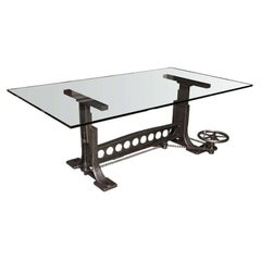 Dining Table, Vintage Industrial Cast Iron Adjustable Base