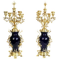 Pair of Art Nouveau Candelabra Blue Porcelain and Gilded Brass