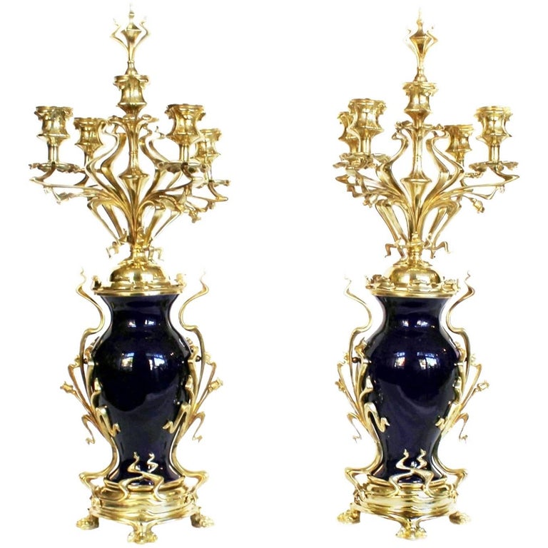 Pair of Art Nouveau Candelabra Blue Porcelain and Gilded Brass For Sale