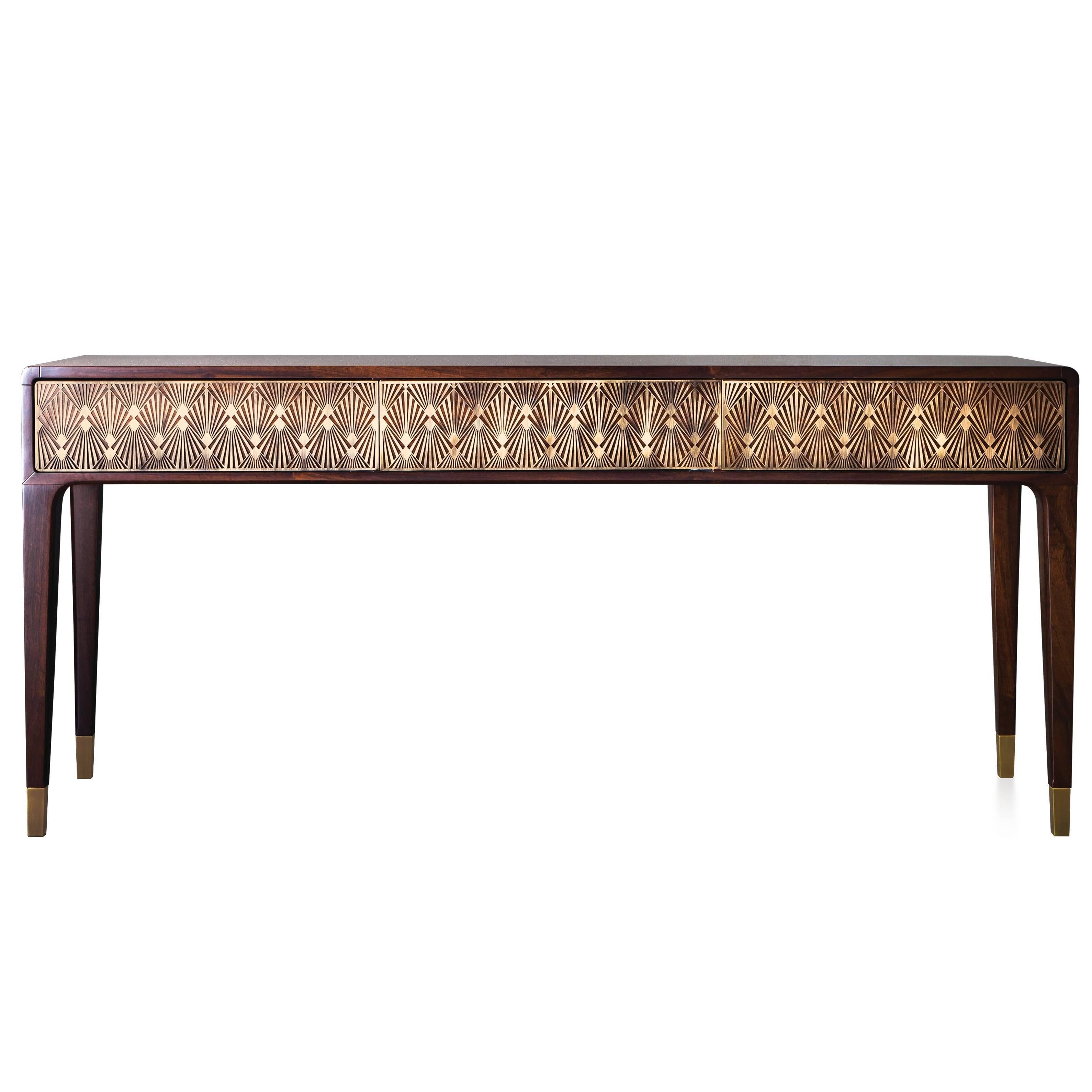 "MAHAL" Imbuia Wood and Laser Cut Art Deco Pattern Console - Immediate Delivery