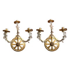 Pair of 19th Century French Carved Gilded Three-Arm Wheel Candelabra Sconces