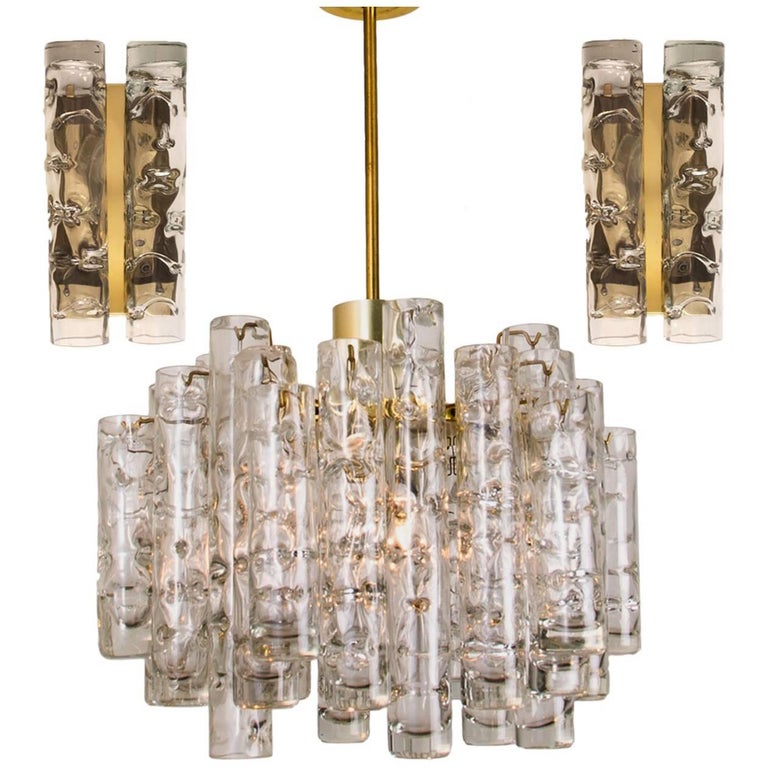 Set of Three Doria Brass Light Fixtures Two Wall Lights and One Chandelier, 1960 For Sale at 1stdibs