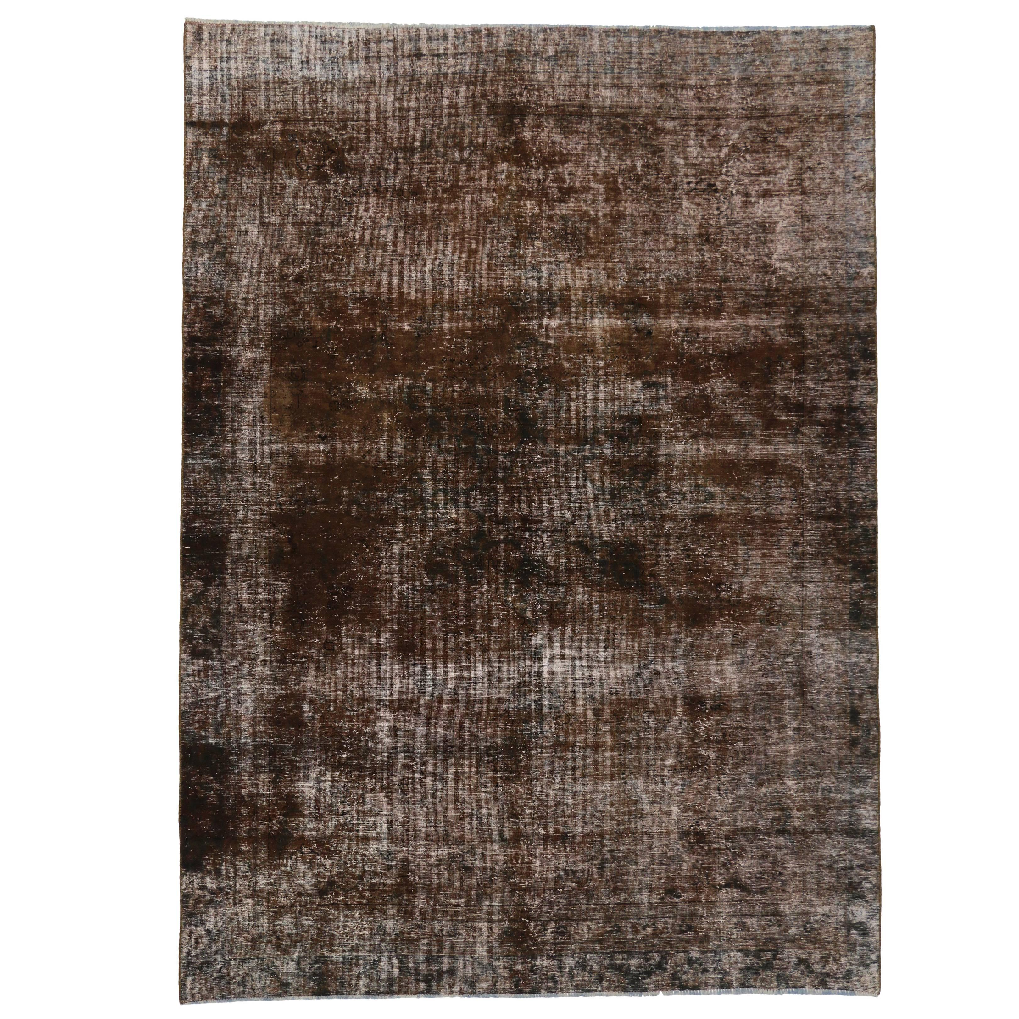 Distressed Antique Persian Overdyed Rug with Modern Rustic Industrial Style