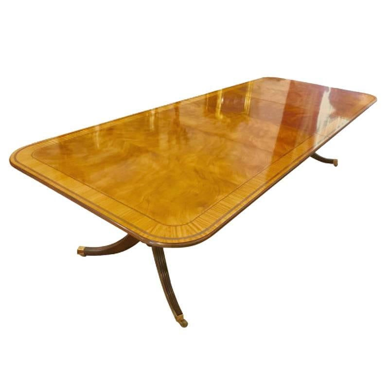 Baker Dining Table Double Pedestal Walnut Inlaid Table with Extensions
