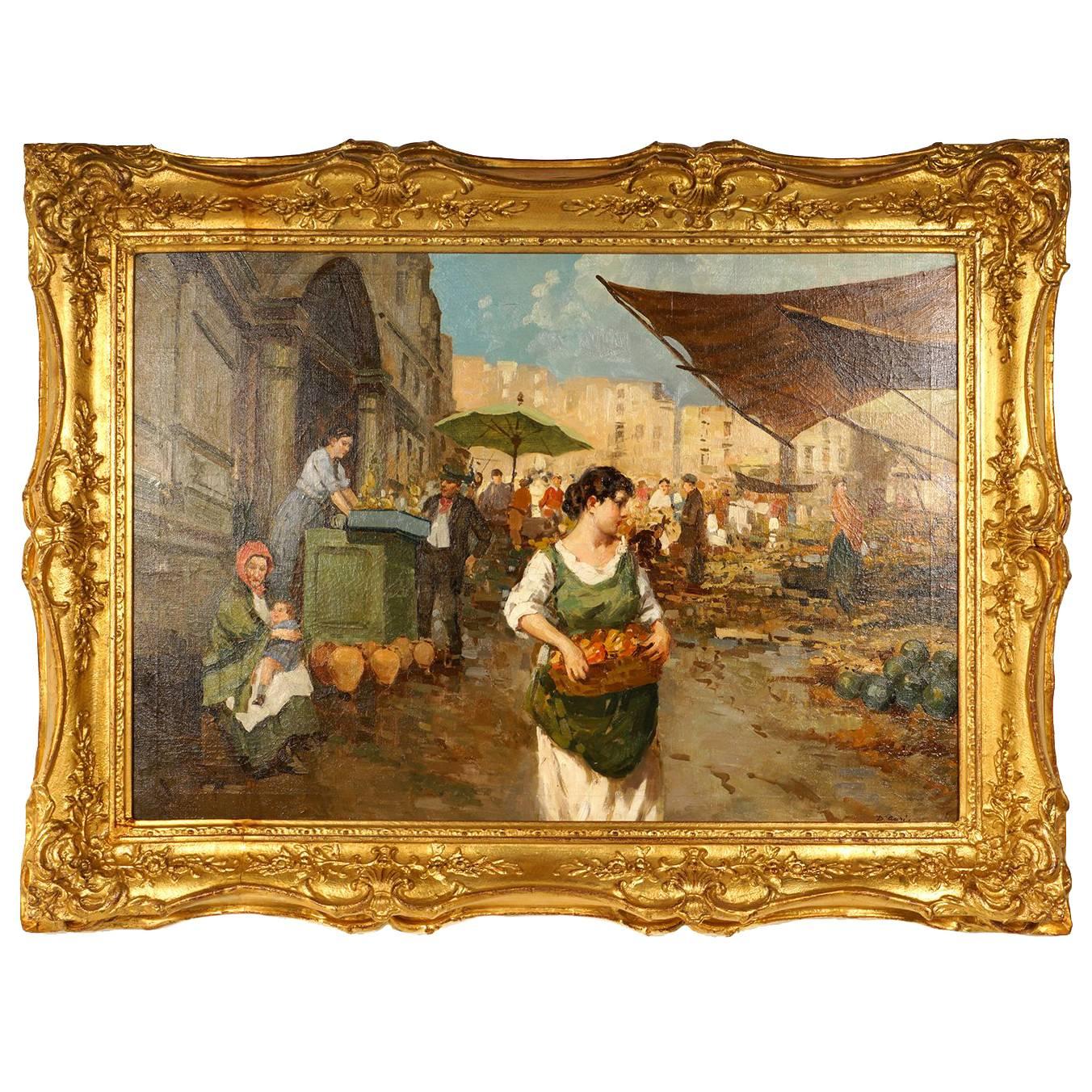 Gilt-Framed Market Scene Oil on Canvas